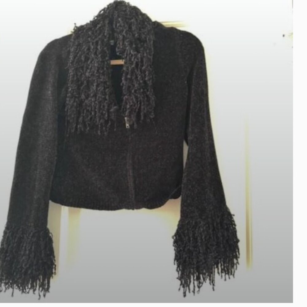 Delia*s Boucle Fringe Collar and Cuffs Sweater Y2K  Grunge Dark Fairy Mob Wife